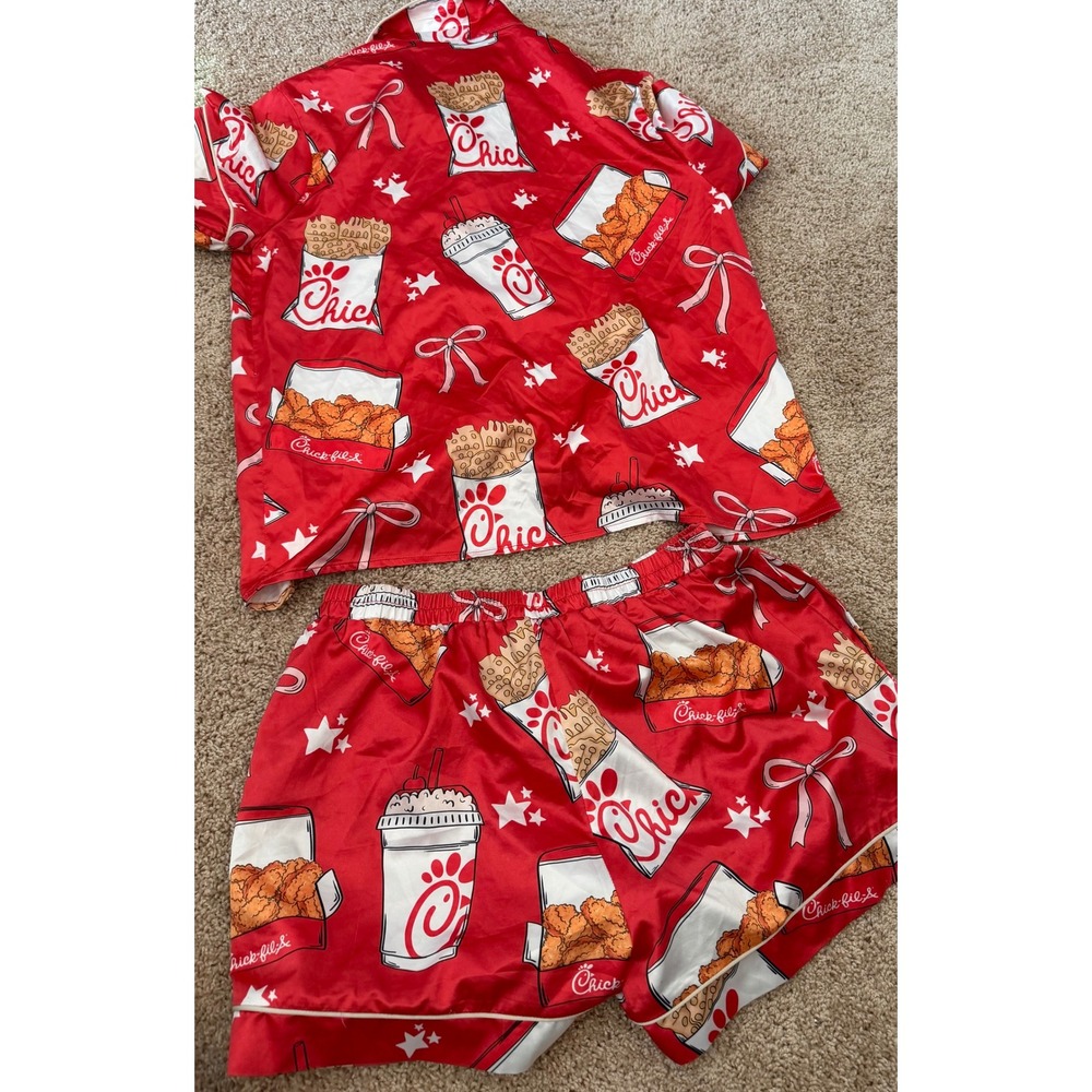 Sheshow Chick-fil-A Print Satin Pajama Set Red Short Sleeve Shorts Women Size M
